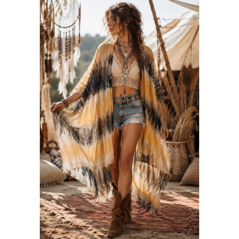 Try! This Mesh Tie Dye Kimono Wrap Mustard Grey Boho Festival Cover Up L/XL